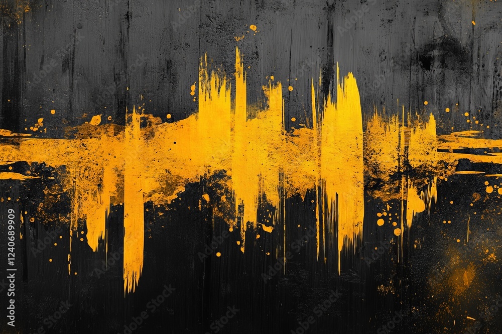 Poster abstract artwork featuring bold yellow splashes on a textured black background creating a vibrant vi