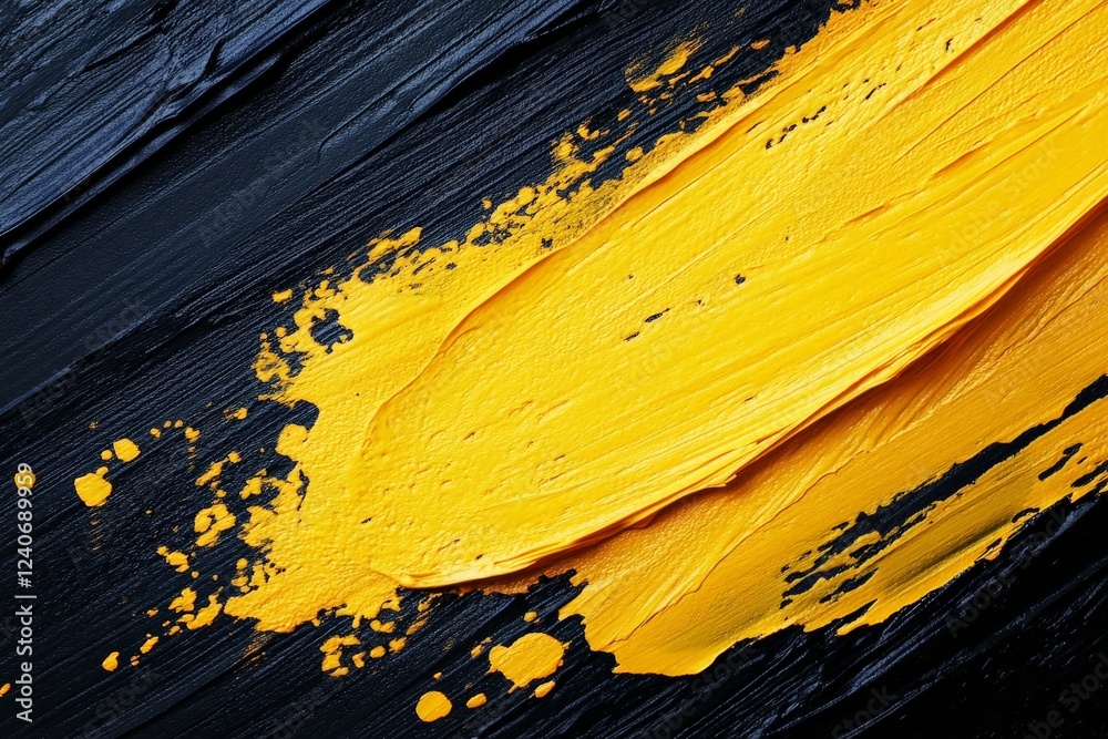 Poster bold strokes of yellow paint contrast against textured black surface creating a vibrant artistic exp