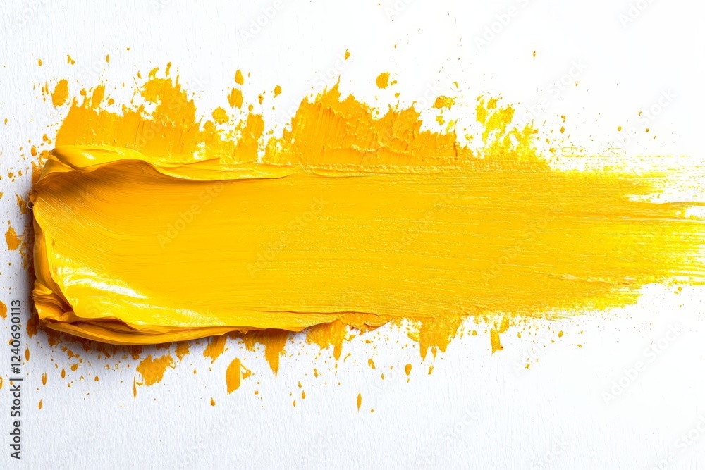 Poster bright yellow paint stroke on white canvas showcasing vibrant color and texture in artistic expressi