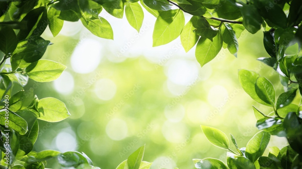 Poster Lush green leaves framing an empty space ideal for creative text utilization in a serene nature setting. Generative AI