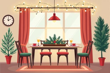 A delightful dining area adorned for Christmas with a beautifully set table, sparkling fairy lights above, and a centerpiece of pine branches and ornaments. Flat Design.
