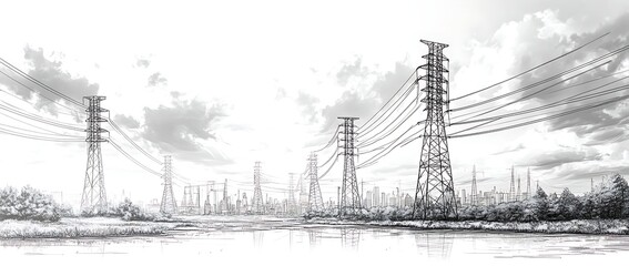 Detailed Sketch of Power Transmission Lines and Industrial Landscape