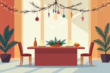 A delightful dining area adorned for Christmas with a beautifully set table, sparkling fairy lights above, and a centerpiece of pine branches and ornaments. Flat Design.