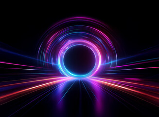 Obraz premium Vibrant neon circles and streaks of light converge in a dark, futuristic setting, creating an ethereal, glowing portal effect. The reflective surface enhances the symmetry and energy of the scene.