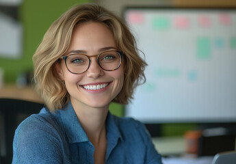 Fototapeta premium A smiling woman in her thirties with short blonde hair and glasses is sitting at an office desk, typing on the keyboard of her laptop computer surrounded by papers and documents