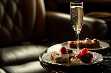Luxurious Dessert and Sparkling Wine Service on Elegant Private Jet Table