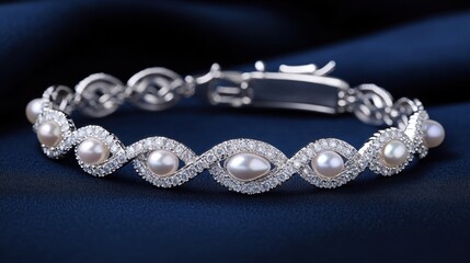 Timeless platinum and pearl bridal bracelet arranged on a deep navy blue surface