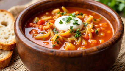 Delicious medley of flavors in a rustic bowl of hearty soup served with crusty bread on a warm afternoon