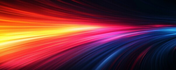 Obraz premium Abstract blurred background featuring colorful light stripes on dark orange and black, with horizontal gradient lines that glow and flow in motion
