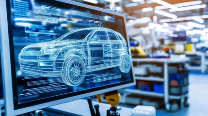 Obraz premium EV electric vehicle technology industry concept with a futuristic virtual graphic touch user interface on the screen, while an auto repair garage is blurred in the background