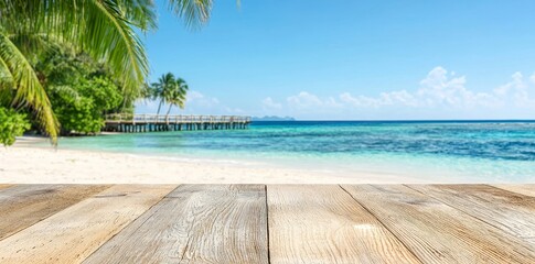 Fototapeta premium Beautiful wooden table set against a blurred dock background, perfect for featuring travel and seaside goods in summer, offering a serene ocean view that embodies the charm of a tropical beach