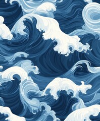 Artistic Ocean Waves Pattern in Deep Blue and White Colors