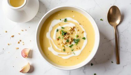 Gourmet creamy soup topped with fresh herbs and nuts served elegantly in a modern bowl