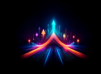 Two vibrant neon arrows ascend, symbolizing growth and progress,  glowing trails illuminate a dark background.  The upward trajectory suggests success and futuristic advancement.