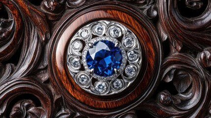 Obraz premium Vintage-style sapphire and diamond brooch set on a dark mahogany background