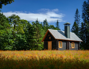 Obraz premium Small Wooden Cabin in a Green Field Surrounded by Trees Under a Clear Blue Sky – Peaceful Rural Escape