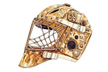 A detailed goalie mask featuring intricate designs and a mesh grille, showcasing a unique combination of color and texture.