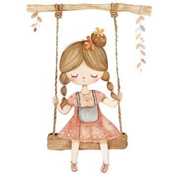 recommend clip art: Watercolor cute girl with braids wearing pink dress sitting wooden swing clip art element illustration
                    