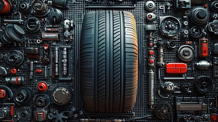 Automotive Themed Collage with Futuristic Chrome Accents and Symmetrical Car Parts