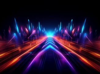 A vibrant, symmetrical digital art piece featuring a glowing neon pathway.  Intense colors and sharp lines create a futuristic, energetic atmosphere. The design is mirrored, creating a sense of depth 