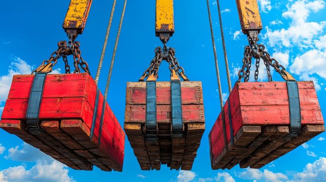 Red cargo boxes suspended by yellow crane hooks against a blue sky showcasing cargo securing load restraint and shipping safety. Emphasizes the importance of secure transport and careful handling