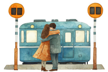 A couple embraces in front of a vintage blue train, captured in a warm, affectionate moment.