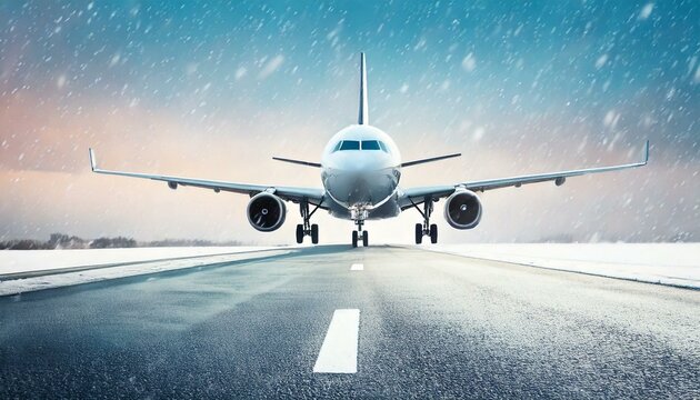 El avi&oacute;n aterriza en la pista del aeropuerto con una ventisca de nieve