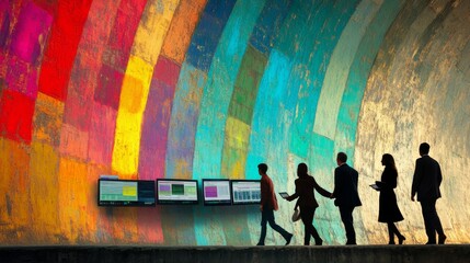 Silhouetted people walking by data screens in a vibrant modern facility symbolizing data compliance and regulatory expertise. Emphasizes technology security and collaboration in managing information