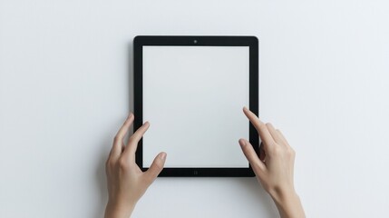 Hands Using a Black Tablet on White Background