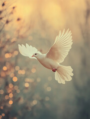 Dove soaring in the sky with soft mist and warm glow