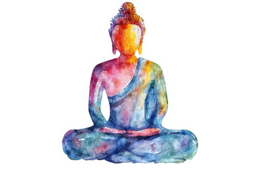 A vibrant, artistic representation of a seated Buddha, showcasing a blend of colors and a serene posture.
