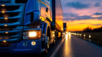 A semi-truck driving into the sunset on a highway symbolizing cargo transportation logistics and supply chain efficiency. Emphasizes movement delivery and the vast network of modern shipping