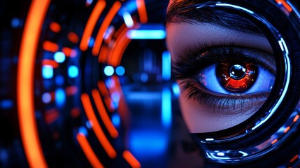 A close-up of a person's eye with a digital overlay and glowing red pupil set against a blurred background of data points and lines.