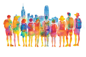 A vibrant watercolor depiction of a group of people standing together, showcasing a variety of colors and styles.