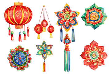 A collection of colorful decorative ornaments, including lanterns and floral designs, showcasing vibrant colors and intricate patterns.