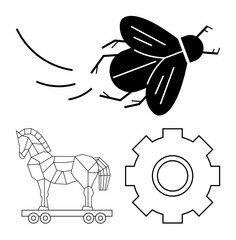 Trojan horse on wheels, flying insect bug, and gear cogwheel representing cybersecurity threats, software vulnerabilities, and system operations. Ideal for tech risks, hacking, problem-solving