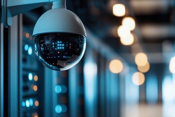 A security camera monitors a data center filled with glowing server racks. The ambient light creates a soft atmosphere, highlighting the importance of security measures for network protection