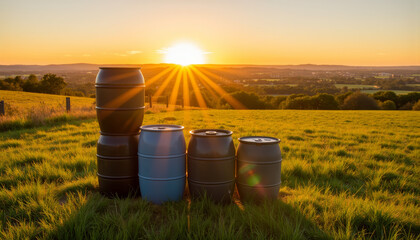 Obraz premium Basking in golden light, colorful barrels stand amidst a serene landscape as the sun sets behind rolling hills