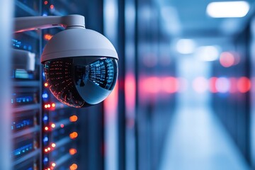 A security camera is strategically positioned within a data center, observing brightly lit server racks. The soft glow enhances surveillance for optimal asset and network security