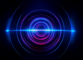 Abstract image featuring concentric glowing circles in vibrant blue and purple hues, intersected by a bright horizontal beam of light against a black background.  It evokes a sense of energy and techn