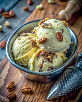 Pecan Vanilla Ice Cream Scoops in a Bowl
