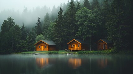 Obraz premium Misty lake cabins, forest background, tranquil escape