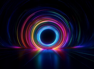 Vibrant, multicolored neon rings radiate outwards from a central dark circle, creating a hypnotic, glowing effect on a reflective surface.  The overall atmosphere is dark and mysterious yet dazzling.