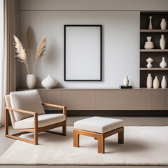 Scandinavian style living room interior: Stylish modern living room with elegant decorative vase, cosy armchair and empty frame on the wall showing minimalistic and elegant design.  3D rendering