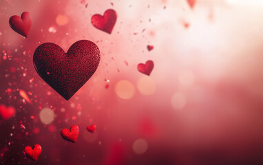 A dreamy scene of floating red hearts against a soft bokeh background