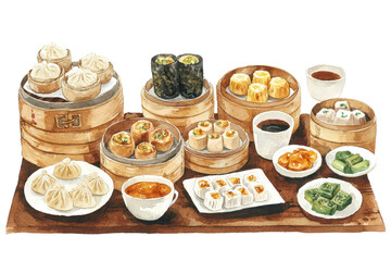 A vibrant assortment of dim sum dishes served in bamboo steamers and bowls, showcasing various flavors and presentations.