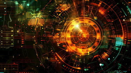 Abstract digital background featuring vibrant circular patterns and glowing elements, ideal for tech designs