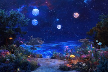 Fototapeta premium Exploring a distant planet alien landscape digital artwork bioluminescent flora and fauna under moons imaginative concept