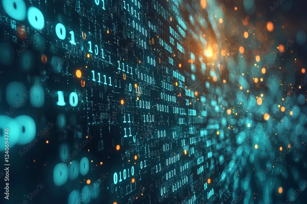 Poster a futuristic digital data stream cascading with green binary code