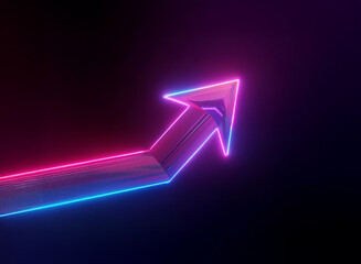A vibrant, upward-trending arrow glows with pink and blue neon light against a dark background.  The arrow's layered design creates a sense of depth and movement.